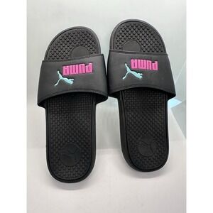 EUC PUMA Cool Cat Size 10 Black with Pink & Turquoise Logo Women's Slide Sandals